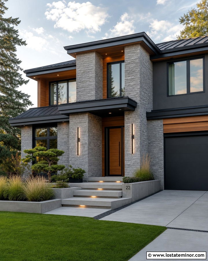 Granite House With Linear LED Sconces - 30 Stone House Design With Light Fixtures Ideas