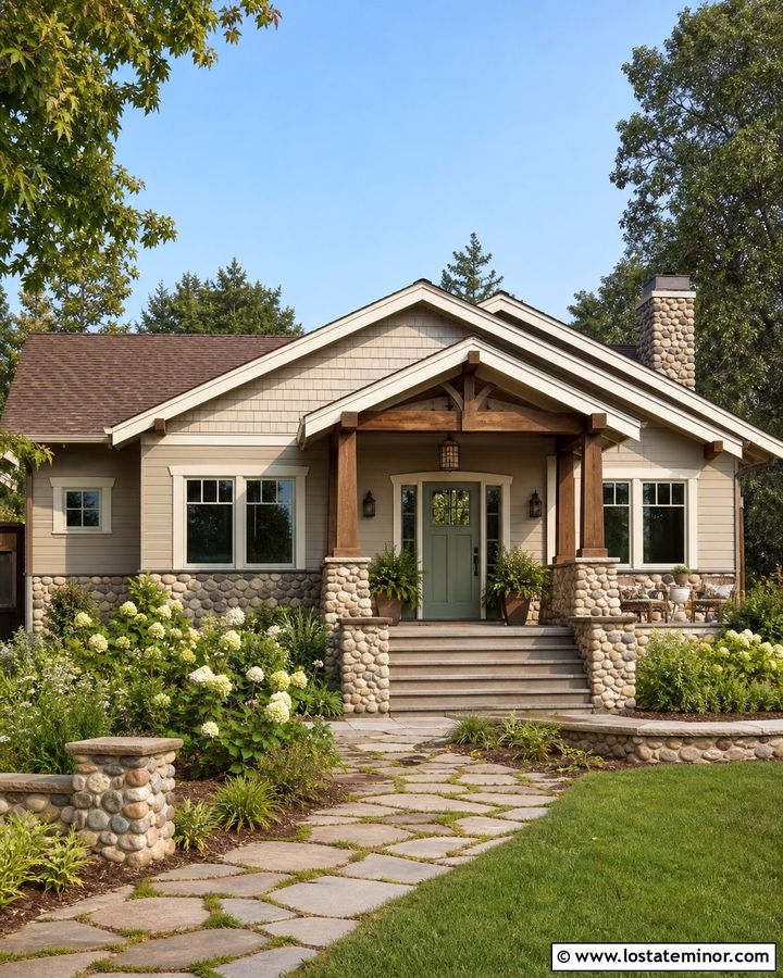 Grant Beige Bungalow With River Rock Porch - 30 Beige House Design With Stone Accents Ideas