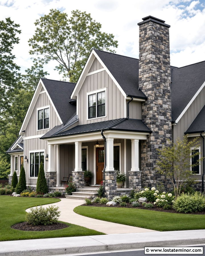 Gray Board and Batten With Stone Chimney - 30 Stone House Design With Board and Batten Ideas