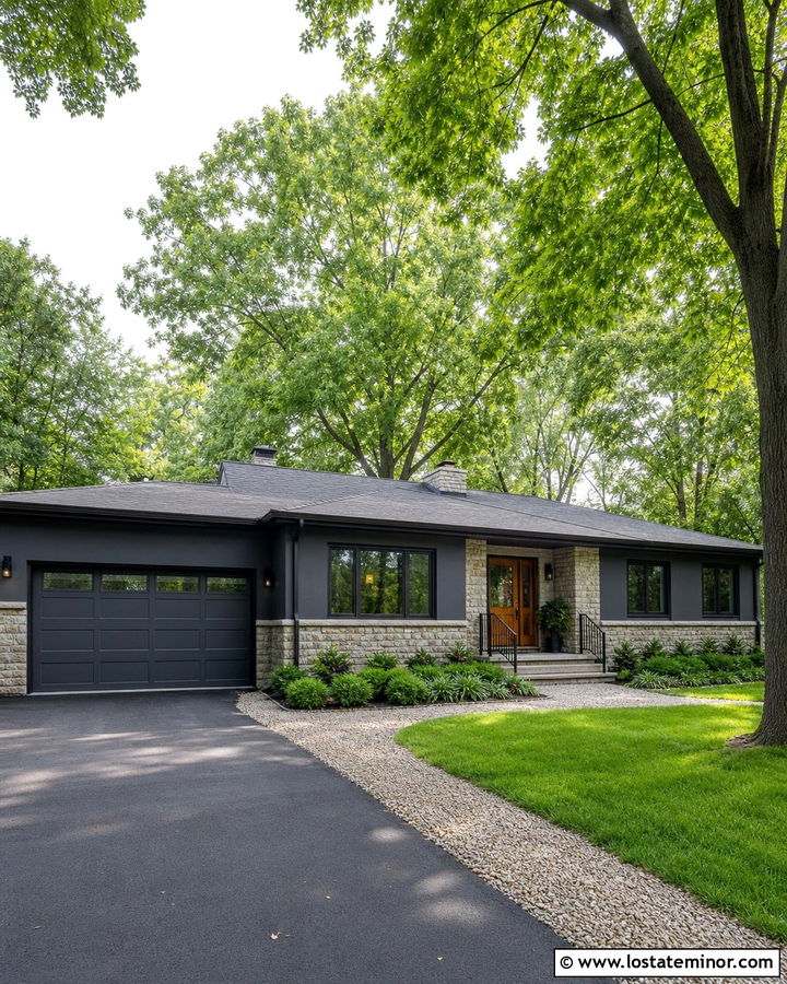 Gray Fieldstone House With Charcoal Trim - 30 Stone House Design With Trim Ideas