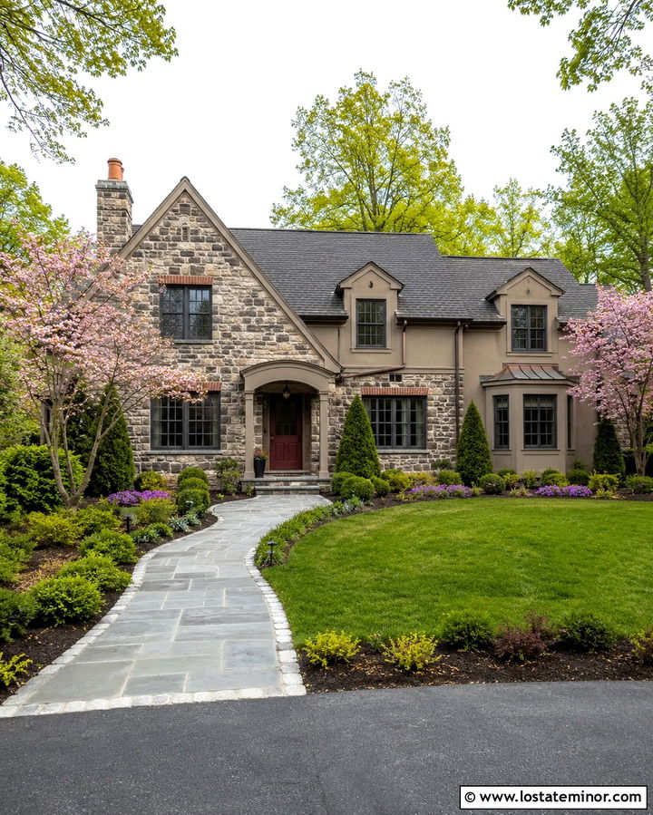 Gray Fieldstone House With Flowering Trees - 30 Stone House Design With Front Yard Ideas