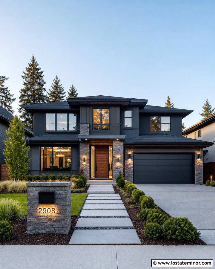 Gray Ledgestone Modern House With Black Mailbox - 30 Stone House Design With Mailbox Ideas
