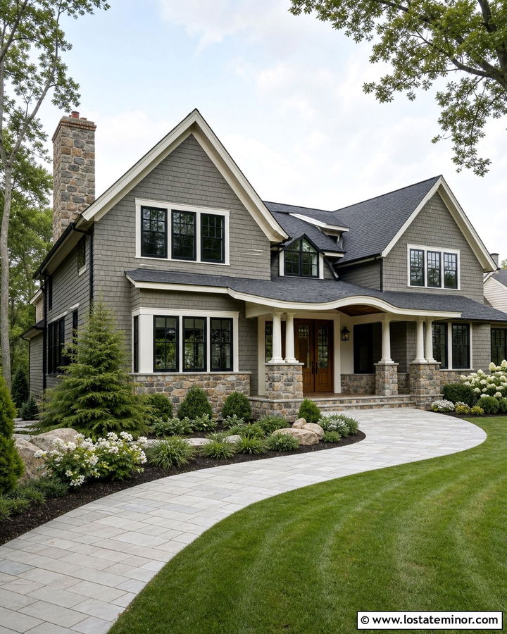 Gray Shingle House With Fieldstone Base - 30 Stone House Design With Shingles Ideas