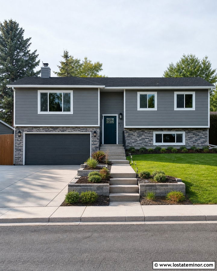 Gray Split Level With Stacked Stone Wainscoting - 30 Stone House Design With Wainscoting Ideas