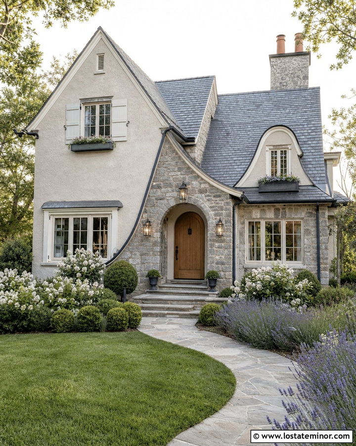Gray Stone Cottage With Arched Front Porch - 30 Stone House Design With Front Porch Ideas