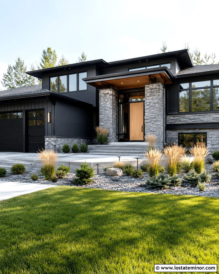 Gray Stone House With Black Accents - 30 Stone House Design With Accents Ideas