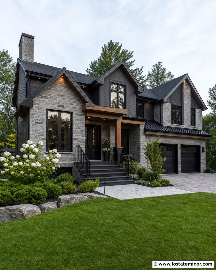 Gray Stone House With Black Entry Steps - 30 Stone House Design With Steps Ideas