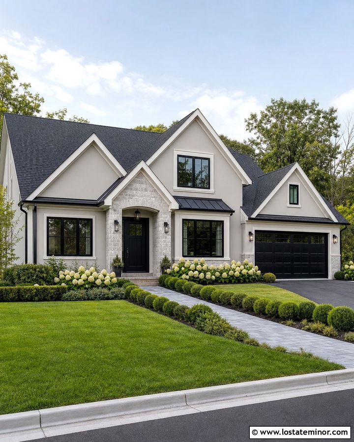 Gray Stone House With Black Front Door - 30 Stone House Design With Front Door Ideas