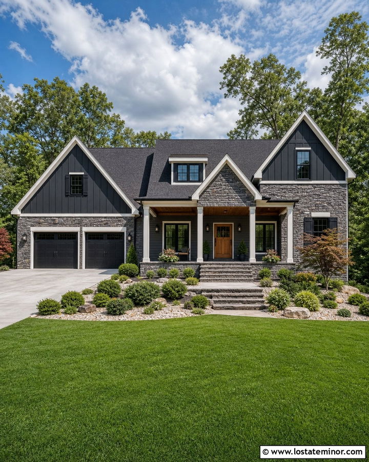Gray Stone House With Black Gables - 30 Stone House Design With Gables Ideas