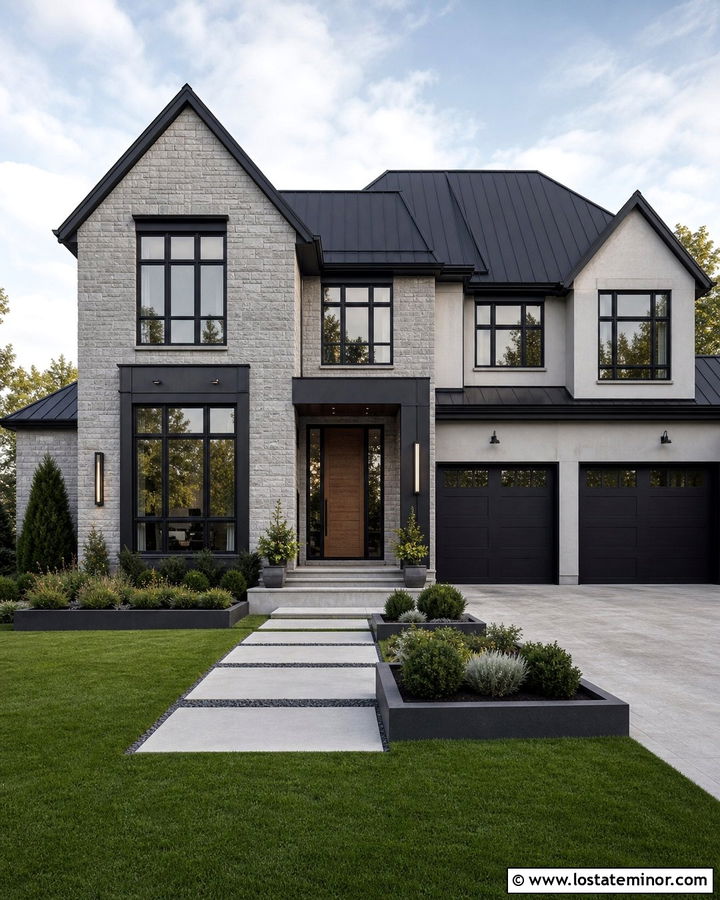 Gray Stone House With Black Metal Roof - 30 Stone House Design With Roof Ideas