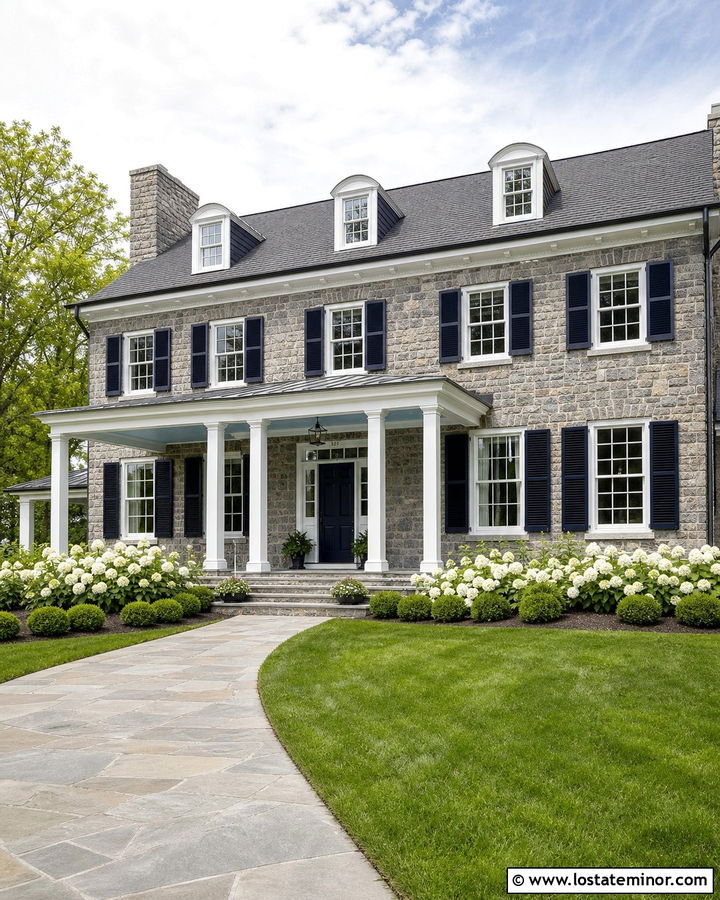 Gray Stone House With Blue Beadboard Porch Ceiling - 30 Stone House Design With Porch Ceiling Ideas