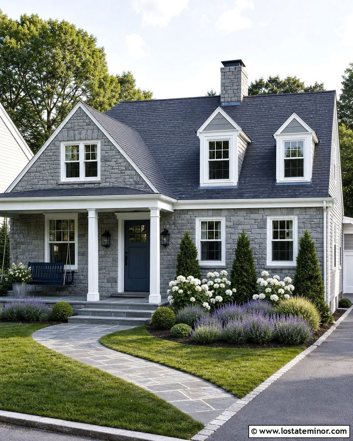 Gray Stone House With Blue Porch Swing - 30 Stone House Design With Swing Ideas