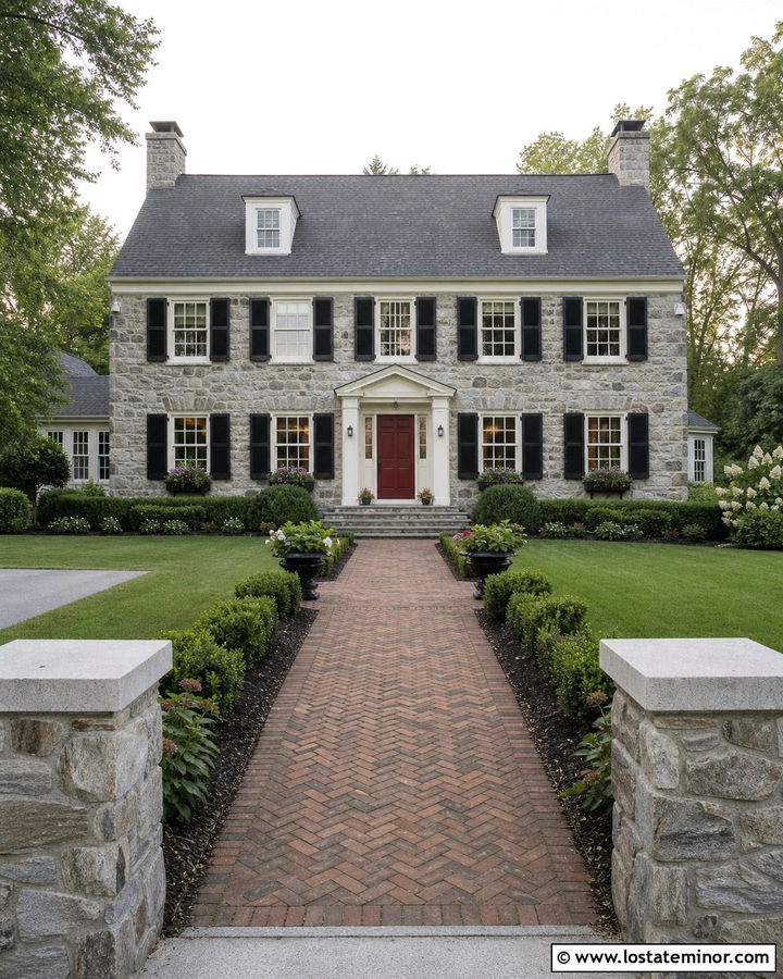 Gray Stone House With Brick Walkway - 30 Stone House Design With Walkway Ideas