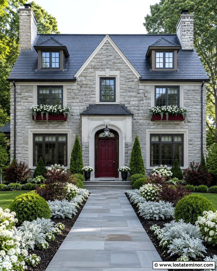 Gray Stone House With Burgundy Window Boxes - 30 Stone House Design With Window Boxes Ideas