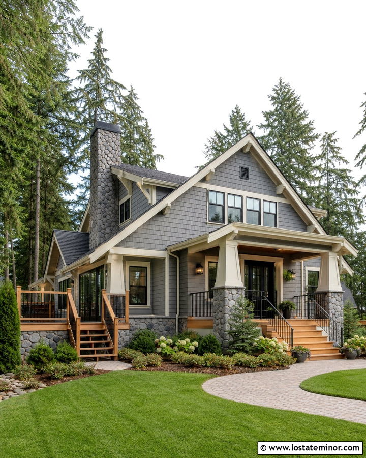 Gray Stone House With Cedar Deck - 30 Stone House Design With Deck Ideas