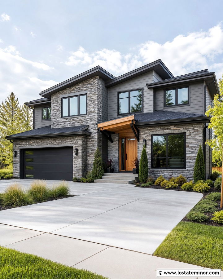 Gray Stone House With Cedar Door Awning - 30 Stone House Design With Awning Ideas