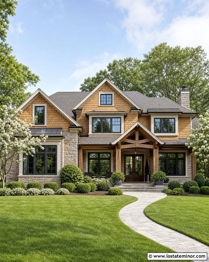 Gray Stone House With Cedar Shake Gables - 30 Stone House Design With Cedar Shake Ideas