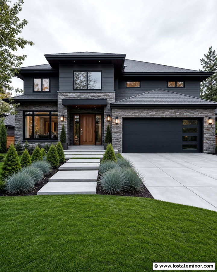 Gray Stone House With Charcoal Garage Door - 30 Stone House Design With Garage Door Ideas