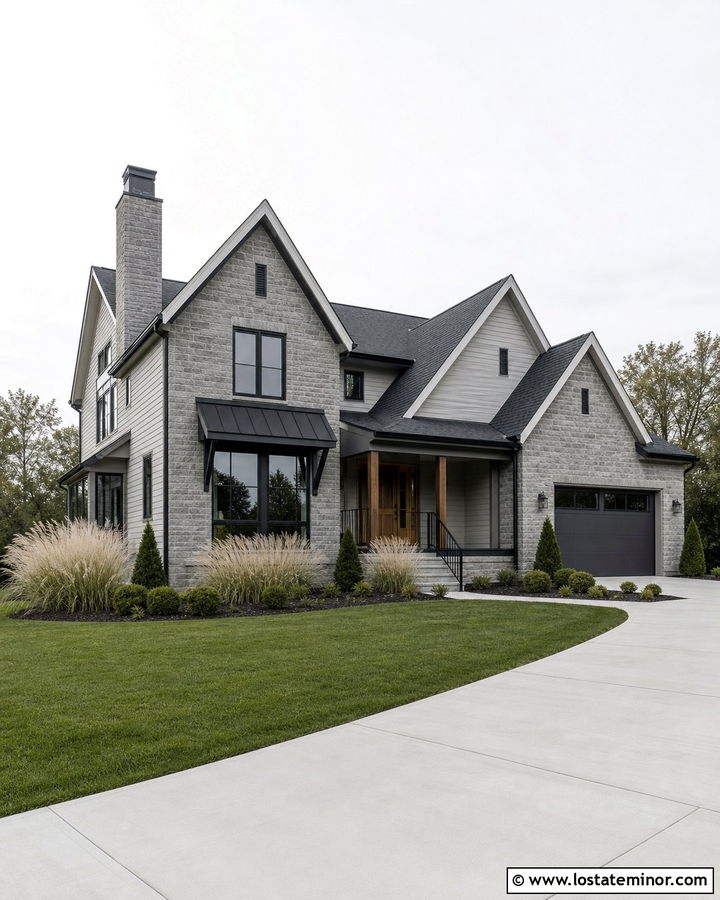 Gray Stone House With Charcoal Railings - 30 Stone House Design With Railings Ideas