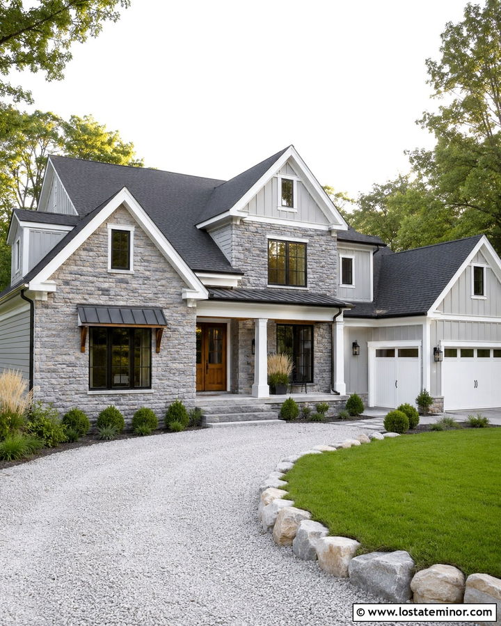 Gray Stone House With Gravel Driveway - 30 Stone House Design With Driveway Ideas