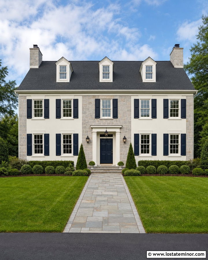 Gray Stone House With Navy Shutters - 30 Stone House Design With Shutters Ideas