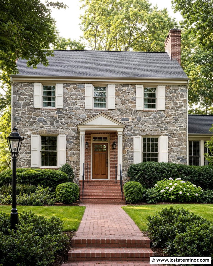 Gray Stone House With Red Brick Accents - 30 Stone House Design With Brick Accents Ideas