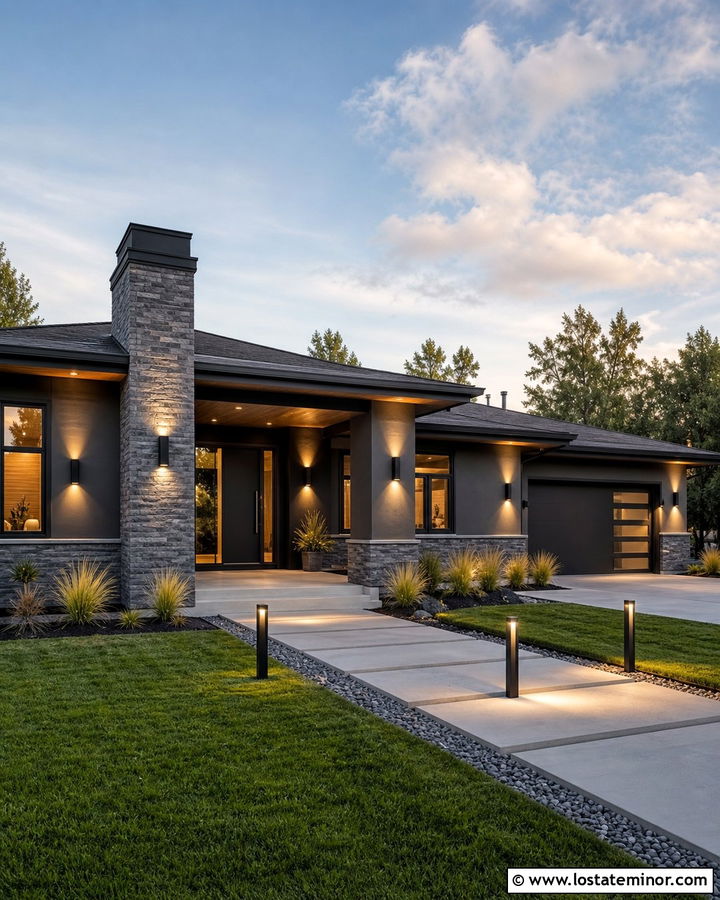 Gray Stone House With Up And Down Lights - 30 Stone House Design With Light Fixtures Ideas