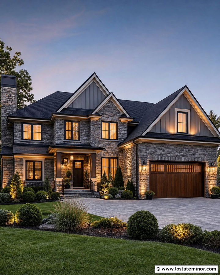Gray Stone House With Warm LED Lighting - 30 Stone House Design With Lighting Ideas