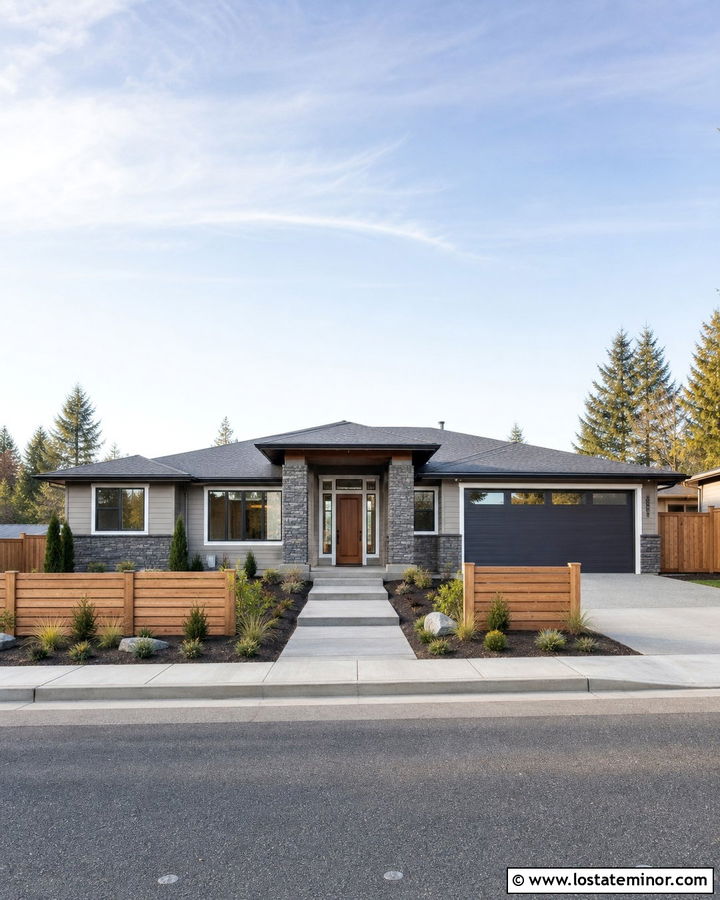Gray Stone Ranch House With Wood Fence - 30 Stone House Design With Fence Ideas