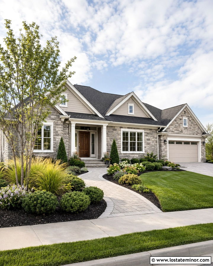 Gray Stone Ranch With Curved Walkway - 30 Stone House Design With Front Yard Ideas