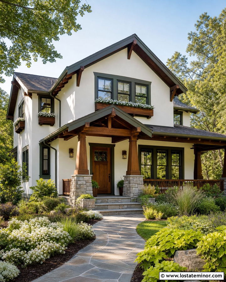 Greek Villa Craftsman With Wood Window Boxes - 30 Warm White House Design With Window Boxes Ideas