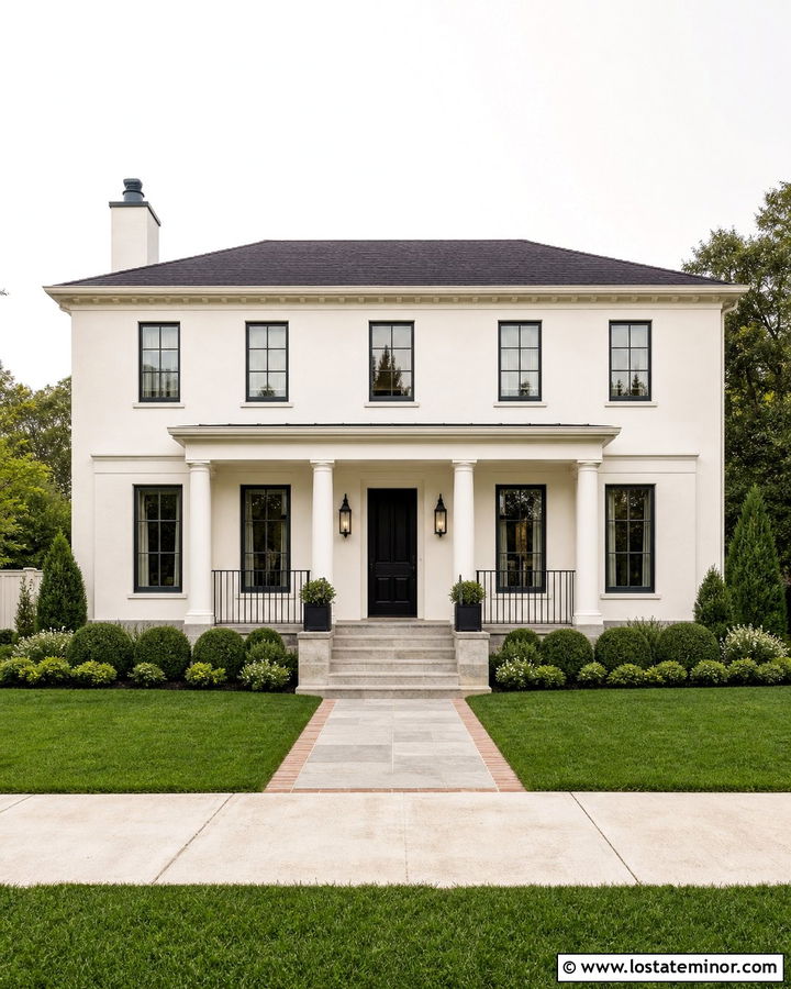 Greek Villa Traditional House With Black Porch Railings - 30 Warm White House Design With Front Porch Ideas