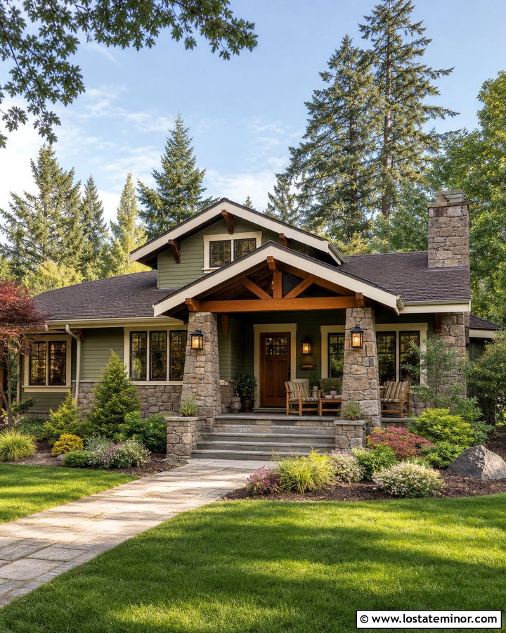 Green Board and Batten With Stone Porch - 30 Stone House Design With Board and Batten Ideas