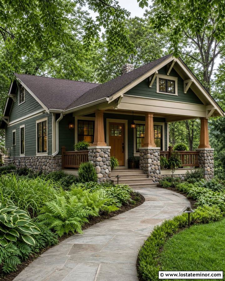 Green Bungalow With Cobblestone Wainscoting - 30 Stone House Design With Wainscoting Ideas