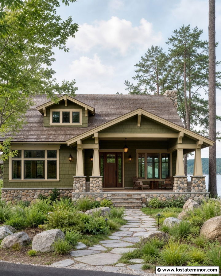 Green Shingle House With River Rock - 30 Stone House Design With Shingles Ideas