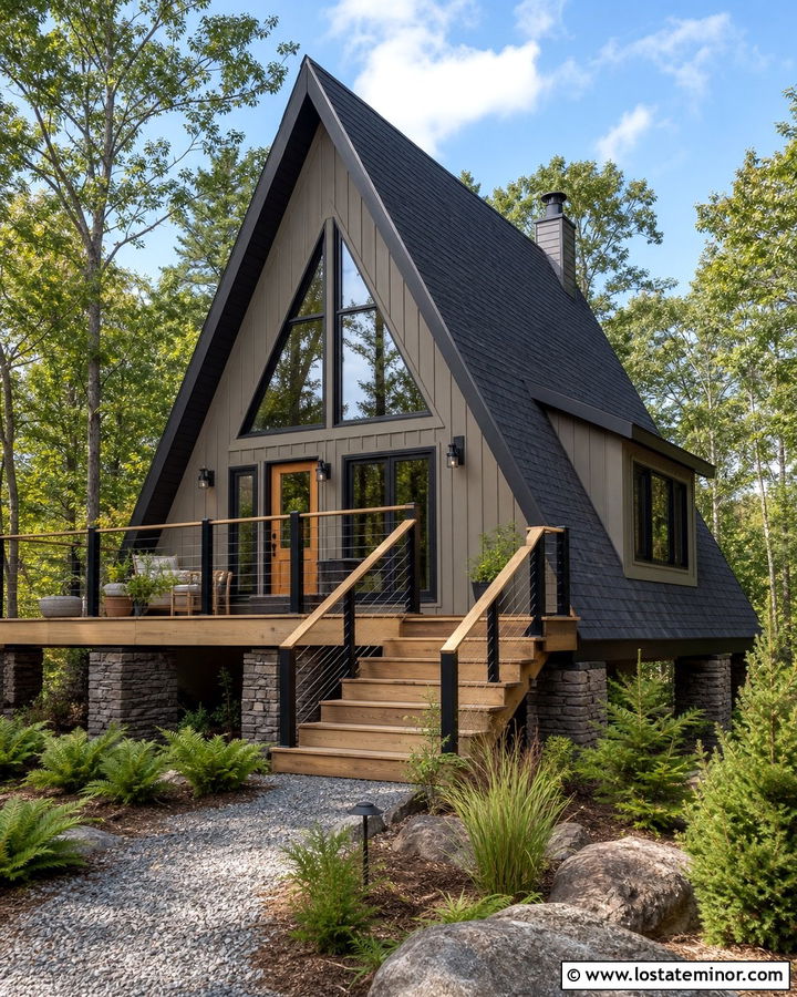 Greige A Frame House With Elevated Deck - 30 Greige House Design With Deck Ideas
