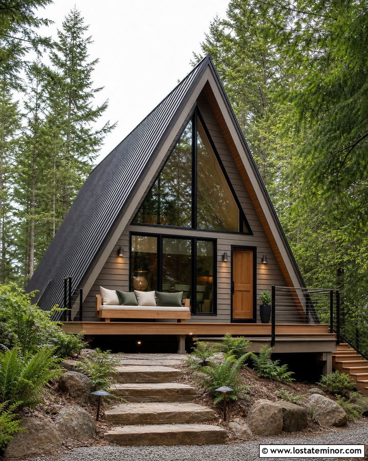 Greige A Frame House With Front Deck Daybed - 30 Greige House Design With Daybed Ideas