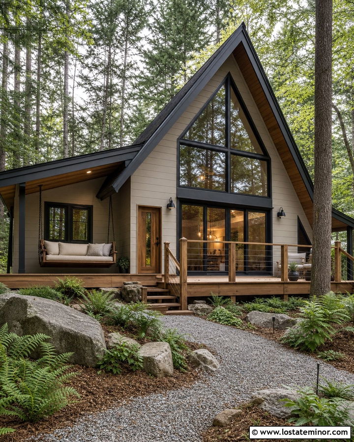 Greige A Frame House With Hanging Bench - 30 Greige House Design With Swing Ideas