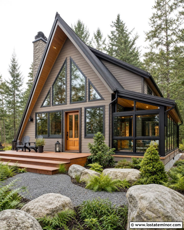 Greige A Frame House With Panoramic Sunroom - 30 Greige House Design With Sunroom Ideas