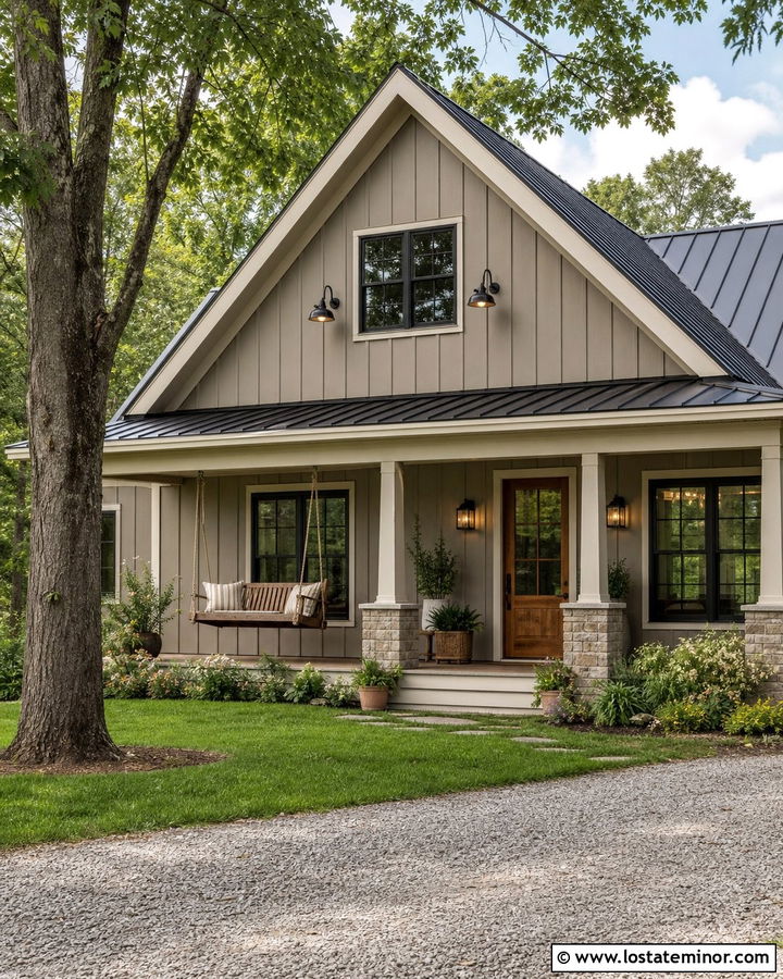 Greige Barn House With Rustic Swing - 30 Greige House Design With Swing Ideas