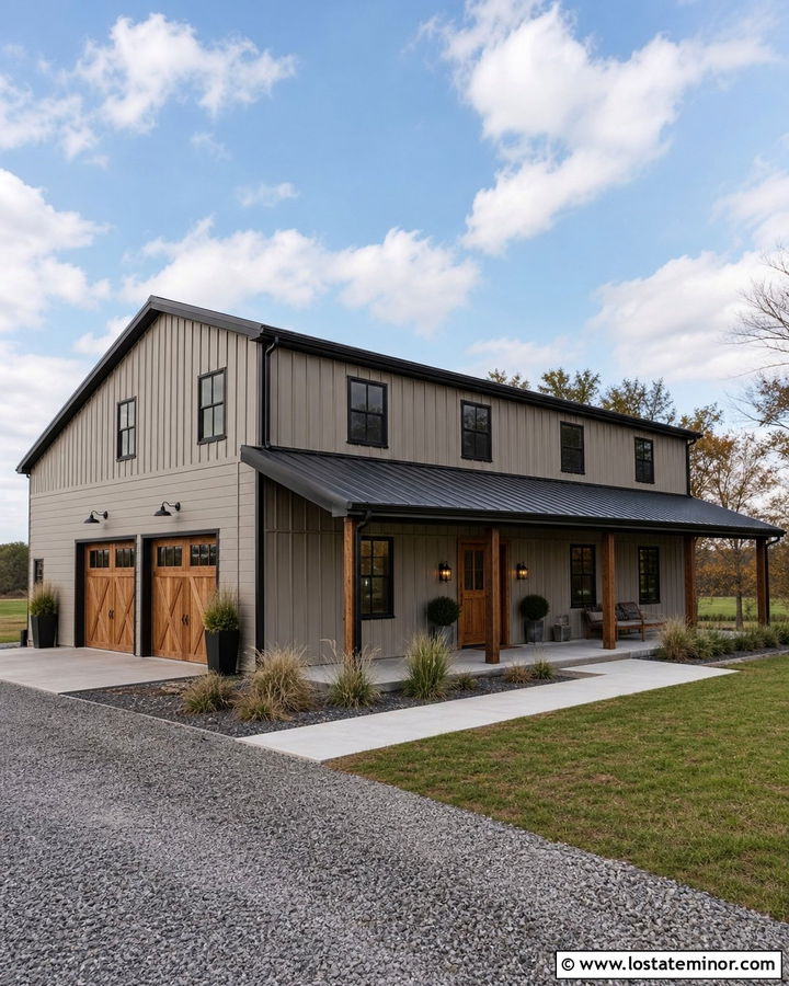 Greige Barndominium With Shed Roof Awning - 30 Greige House Design With Awning Ideas