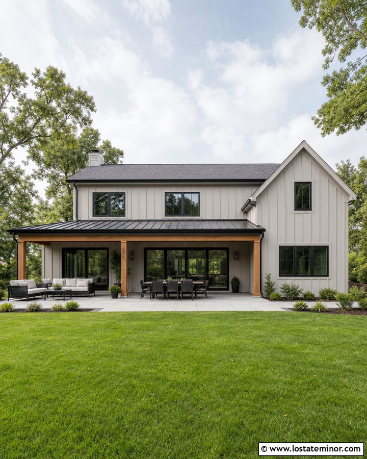 Greige Board And Batten House With Patio - 30 Greige House Design With Backyard Ideas