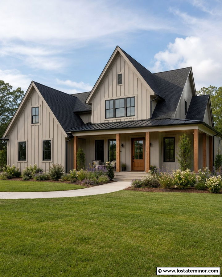 Greige Board And Batten Siding With Black Windows - 30 Greige House Design With Siding Ideas