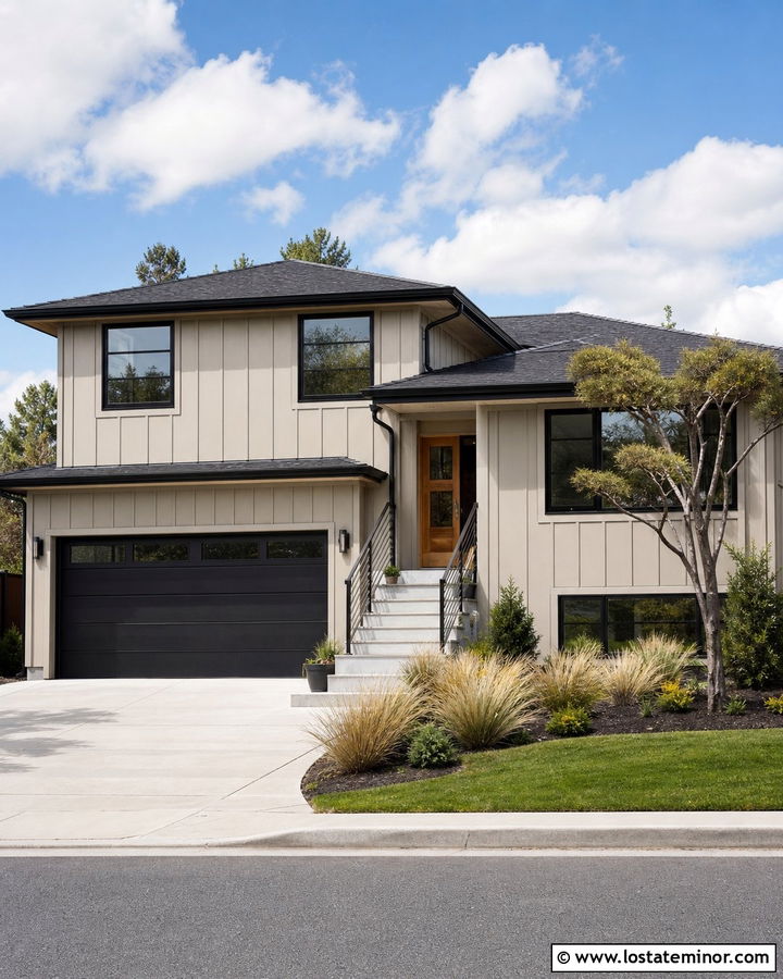 Greige Board And Batten With A Black Garage Door - 30 Greige House Design With Board and Batten Ideas