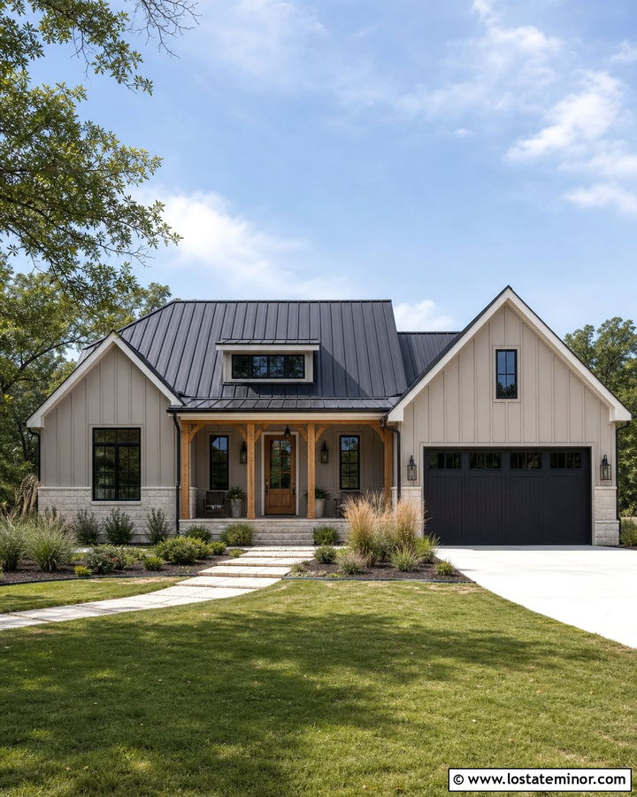 Greige Board And Batten With A Black Metal Roof - 30 Greige House Design With Board and Batten Ideas