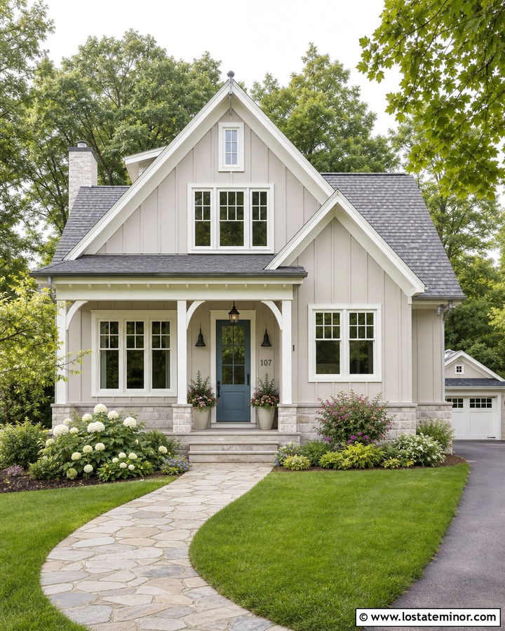 Greige Board And Batten With A Blue Front Door - 30 Greige House Design With Board and Batten Ideas