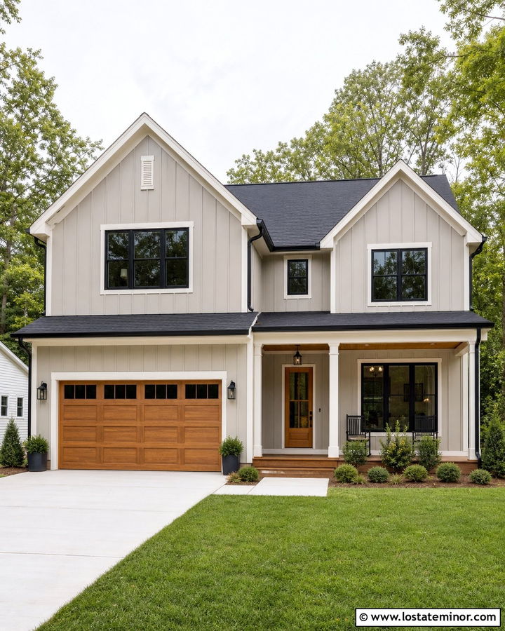 Greige Board And Batten With A Wood Garage Door - 30 Greige House Design With Board and Batten Ideas