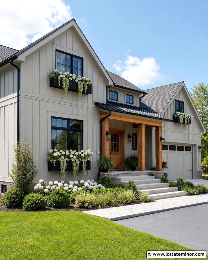 Greige Board And Batten With Black Window Boxes - 30 Greige House Design With Window Boxes Ideas