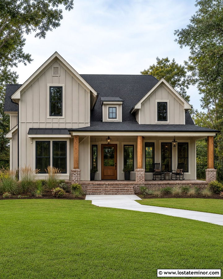 Greige Board And Batten With Brick Porch - 30 Greige House Design With Brick Accents Ideas