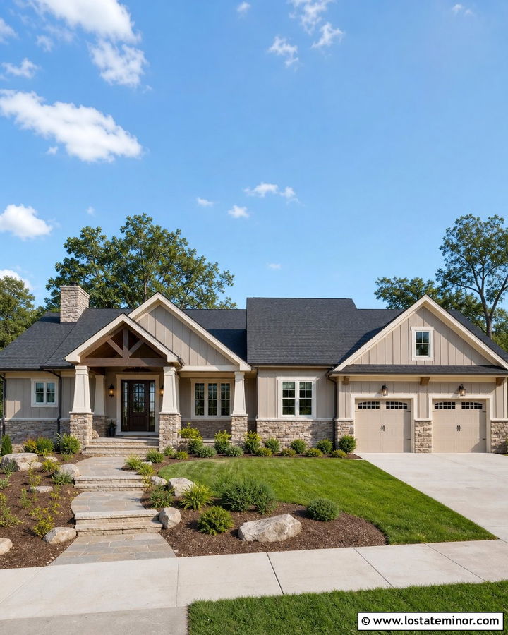Greige Board And Batten With Stone Wainscoting - 30 Greige House Design With Board and Batten Ideas